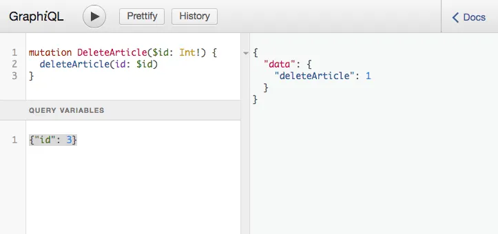 Screenshot of GraphiQL executing a delete mutation