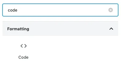 Screenshot of adding a code block to WordPress